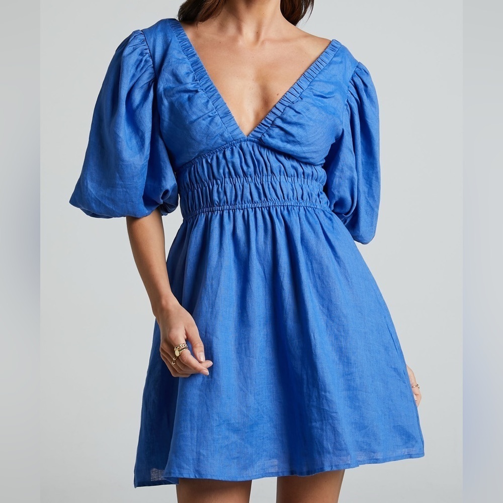 AMALIE THE LABEL KHAILA LINEN PLUNGE PUFF SLEEVE MINI LINEN DRESS BLUE NWT